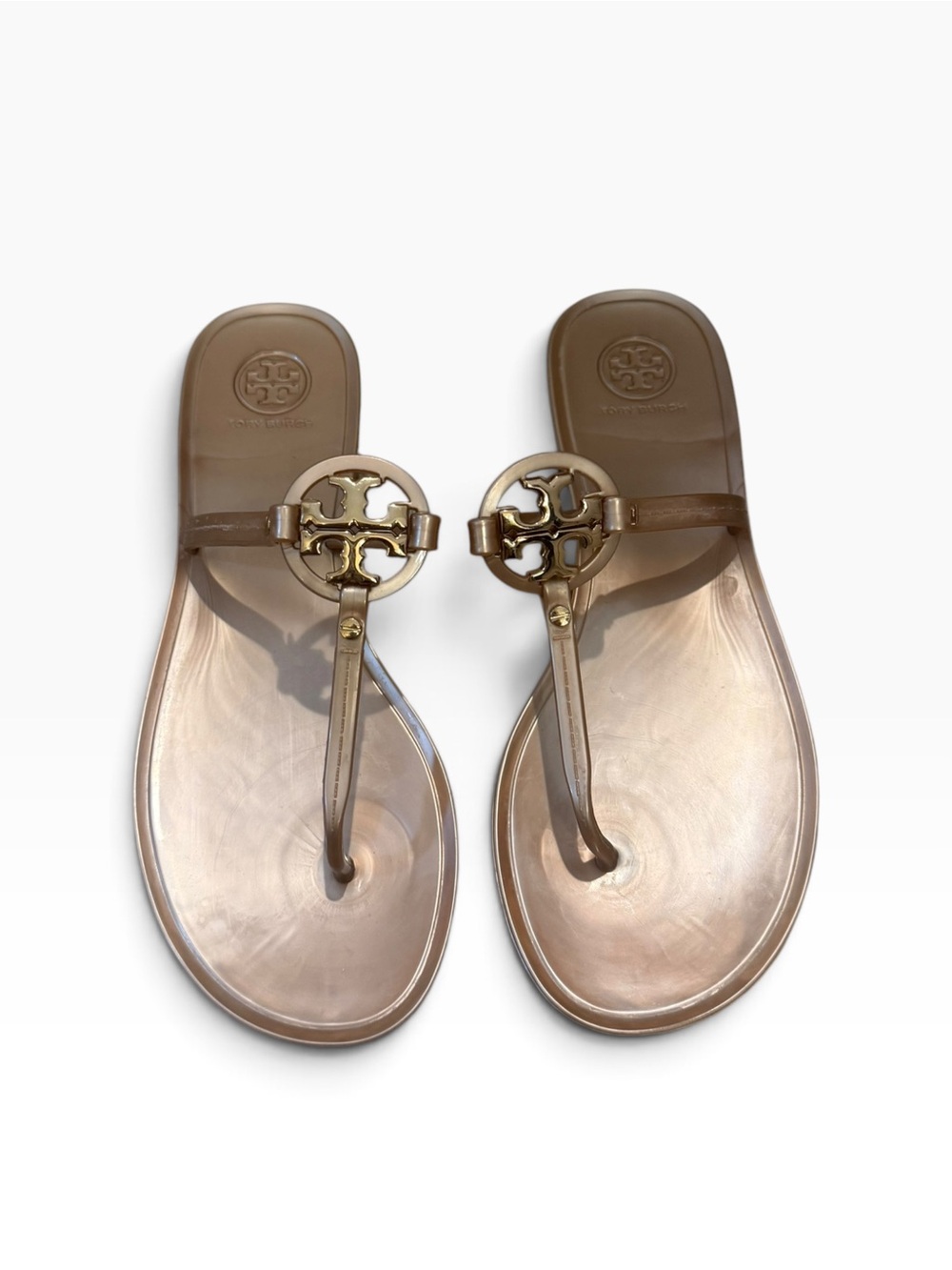 Tory Burch Metallic Gold Logo Jelly Thong Sandals